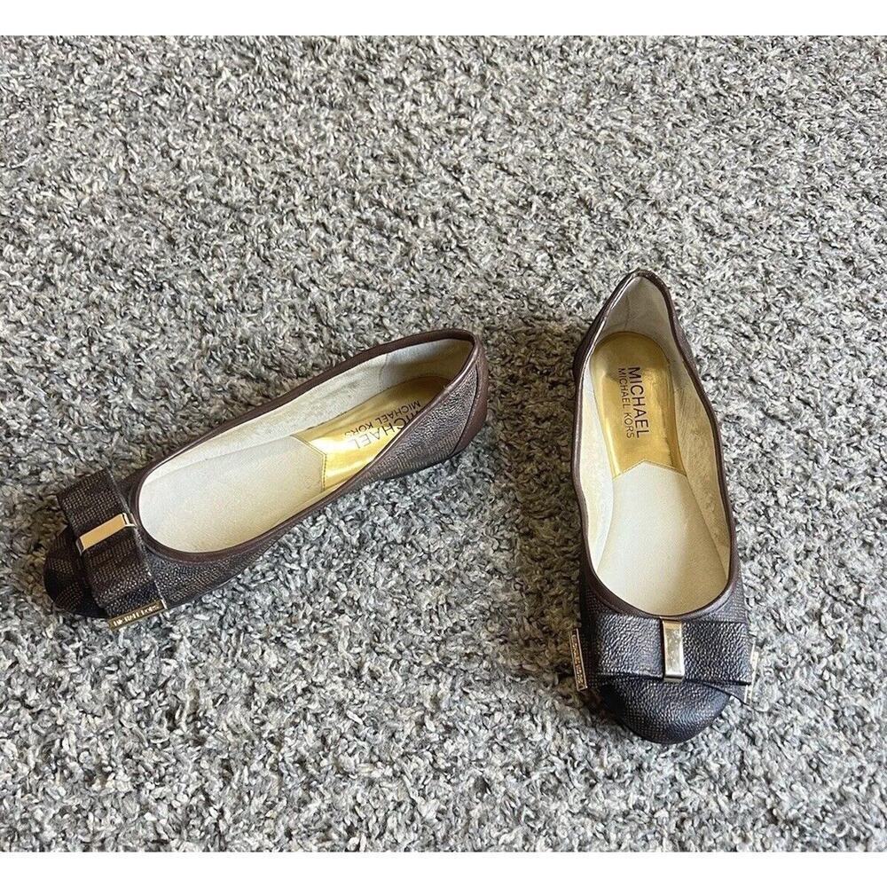 Michael Kors Size 5 Brown Kiera Signature Bow MK Logo Brown Ballet Flats Leather
